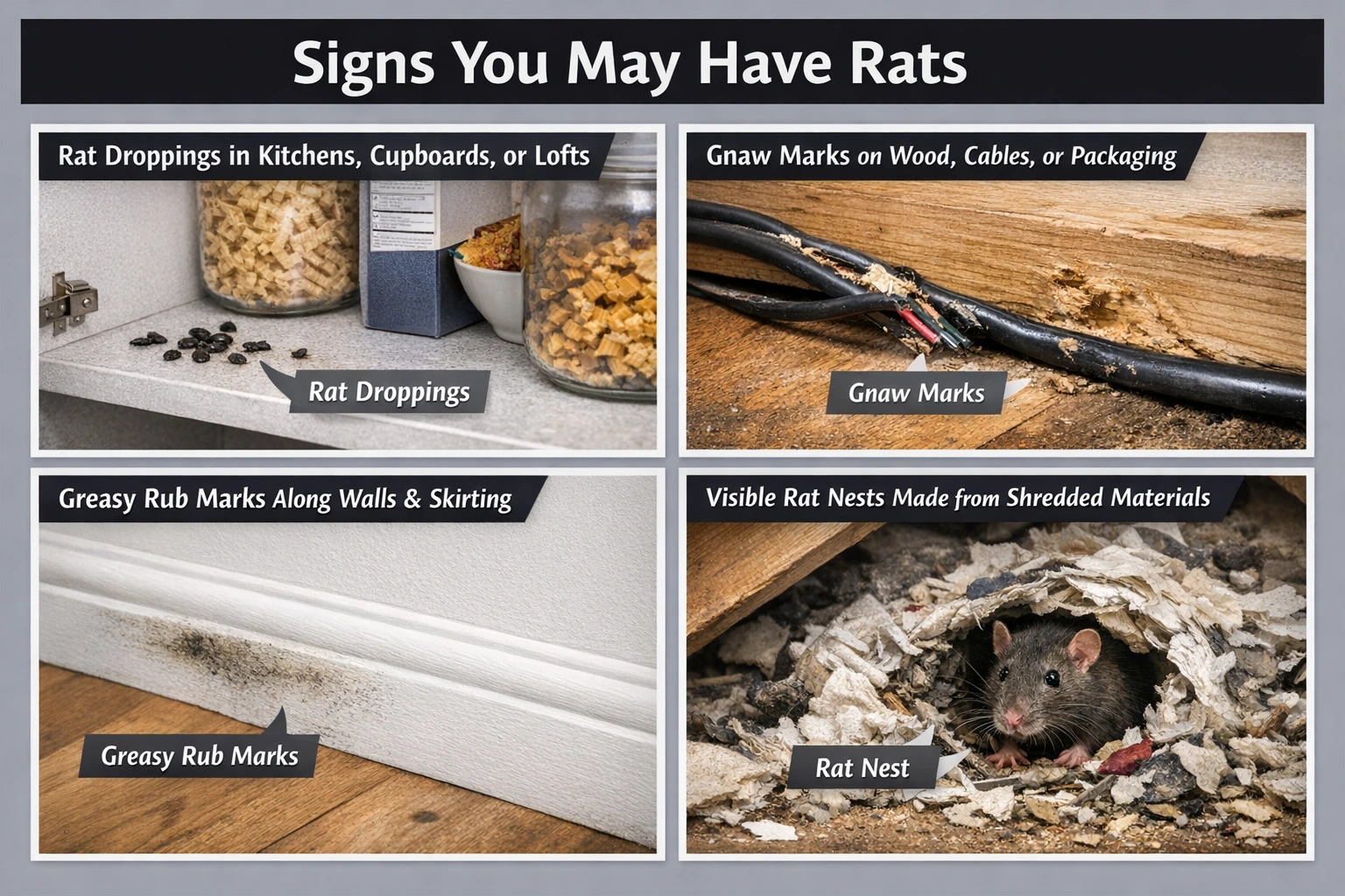 Signs of a rat infestation including droppings in cupboards, gnaw marks on cables and wood, greasy rub marks on skirting boards, and rat nests made from shredded materials.